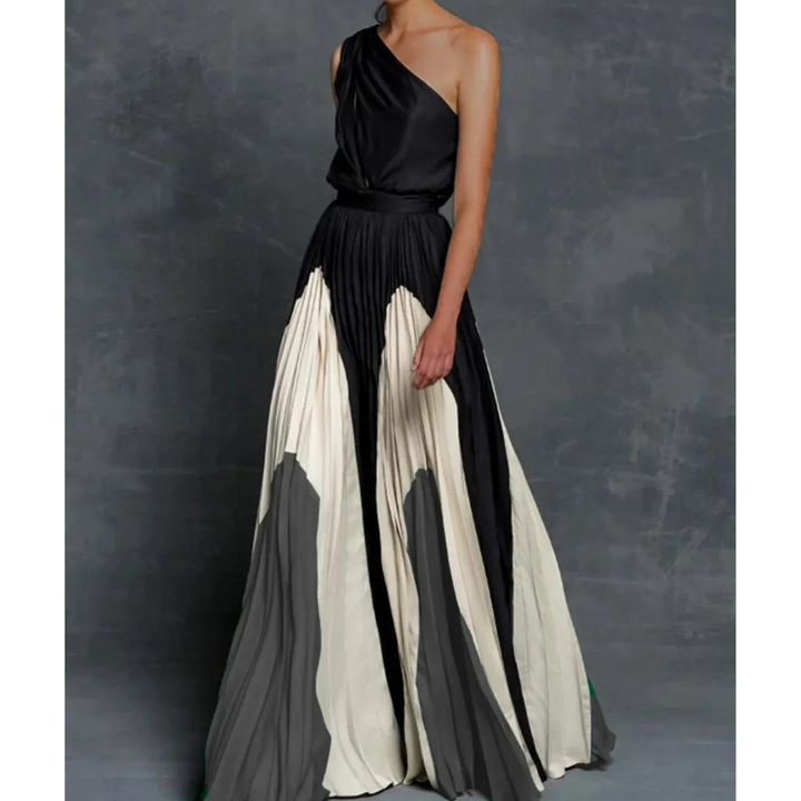 Dramatic artistic color block one-shoulder pleated maxi dress for women, ideal for formal events and evening