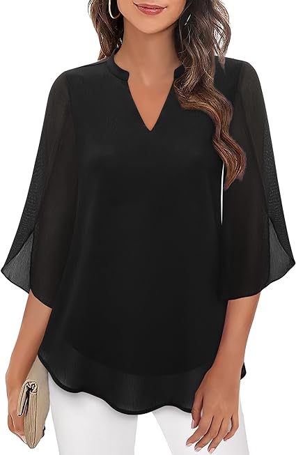 Elegant women's bell sleeve blouse with chic V-neck, perfect for work or evening wear.