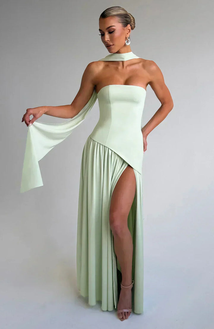 Front view of a women's navy asymmetric maxi dress, a perfect formal gown for wedding guests.
