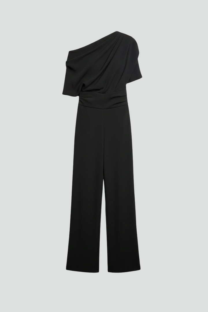 Elegant women's black asymmetric wide leg jumpsuit with long sleeves, perfect for formal events. Flattering modern style.