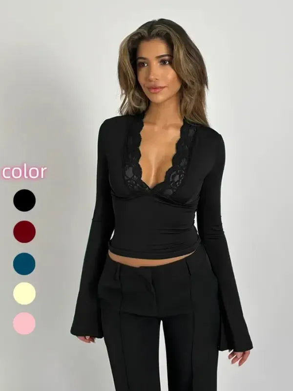 Elegant women's black lace V-neck long sleeve top, slim fit & stretch modal for sophisticated style
