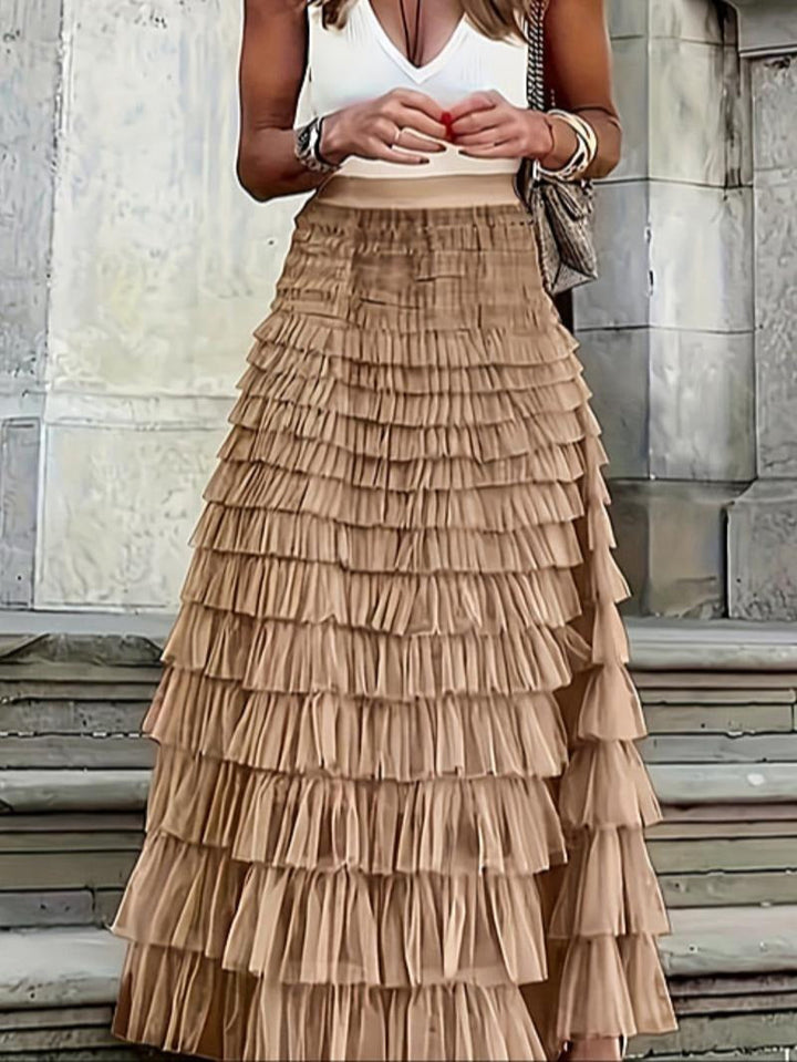 Elegant women's black tulle tiered maxi skirt, perfect for evening wear & parties, flowy, fashion