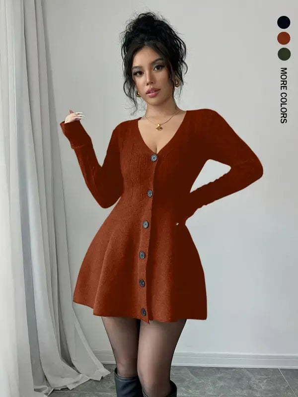 Elegant women's black V-neck knit mini dress with long sleeves and flare skirt, made from viscose blend.