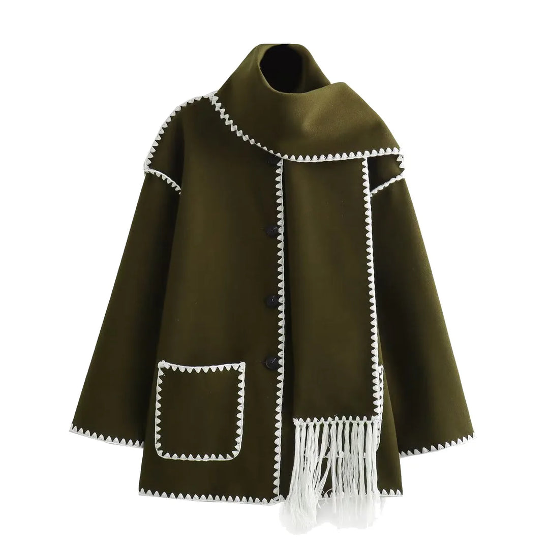 Elegant women's black wool blend wrap coat with stylish fringe hem, perfect for winter fashion