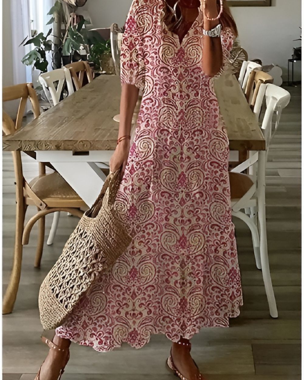 Vibrant floral print maxi dress for women, elegant boho style for garden parties & summer events.