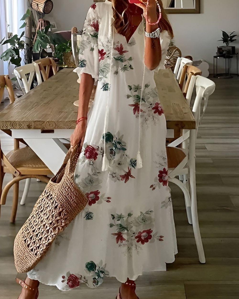 Women's elegant boho floral maxi dress, flowy summer style perfect for vacation or casual wear.