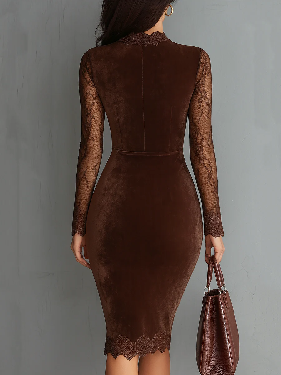 Sophisticated brown long sleeve mini bodycon dress for women, featuring a keyhole, ideal for parties & special occasions.