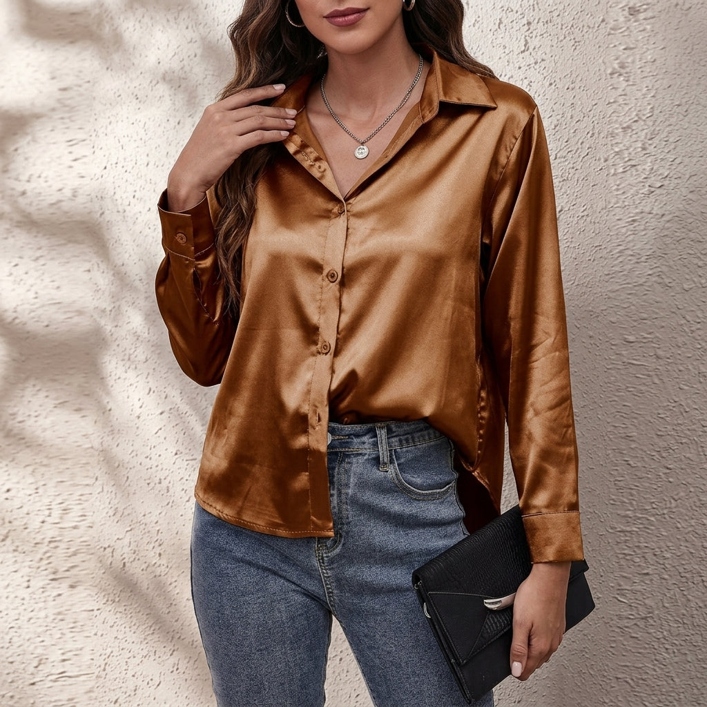 Flowing women's button-front blouse, a classic long-sleeve top for effortless and sophisticated style.