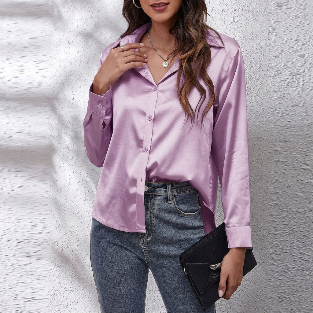 Chic women's button-front blouse, a sophisticated long-sleeve top designed for elegant office wear.