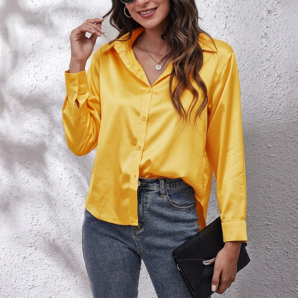 Effortless women's button-front blouse with long sleeves, offering chic casual style and comfort.