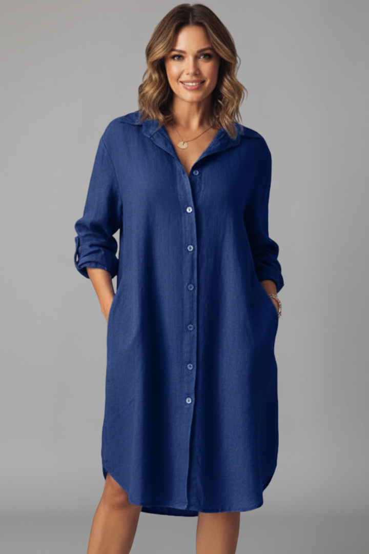 Versatile women's elegant shirt dress with a button-front, perfect for work, casual outings, spring & fall.