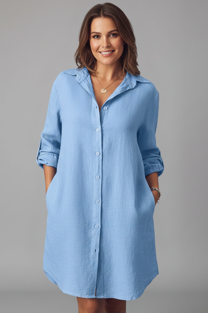 Versatile women's long-sleeve shirt dress, ideal for casual daywear or sophisticated workwear, with front buttons.