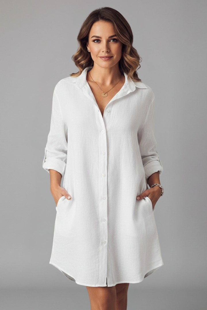 Women's elegant shirt dress with a sophisticated turned collar and versatile button-front for daily fashion.