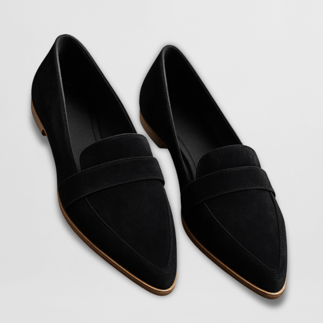 Stylish women's camel pointed-toe flat loafers. Khaki slip-on shoes for women, offering comfort & modern elegance.
