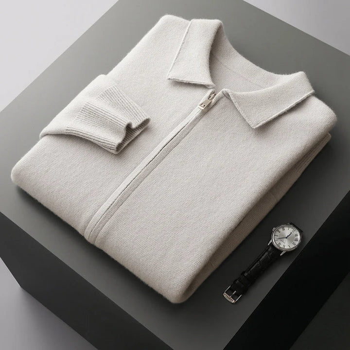 Close-up of a women's cashmere zip-up cardigan, showing high-quality knitwear texture