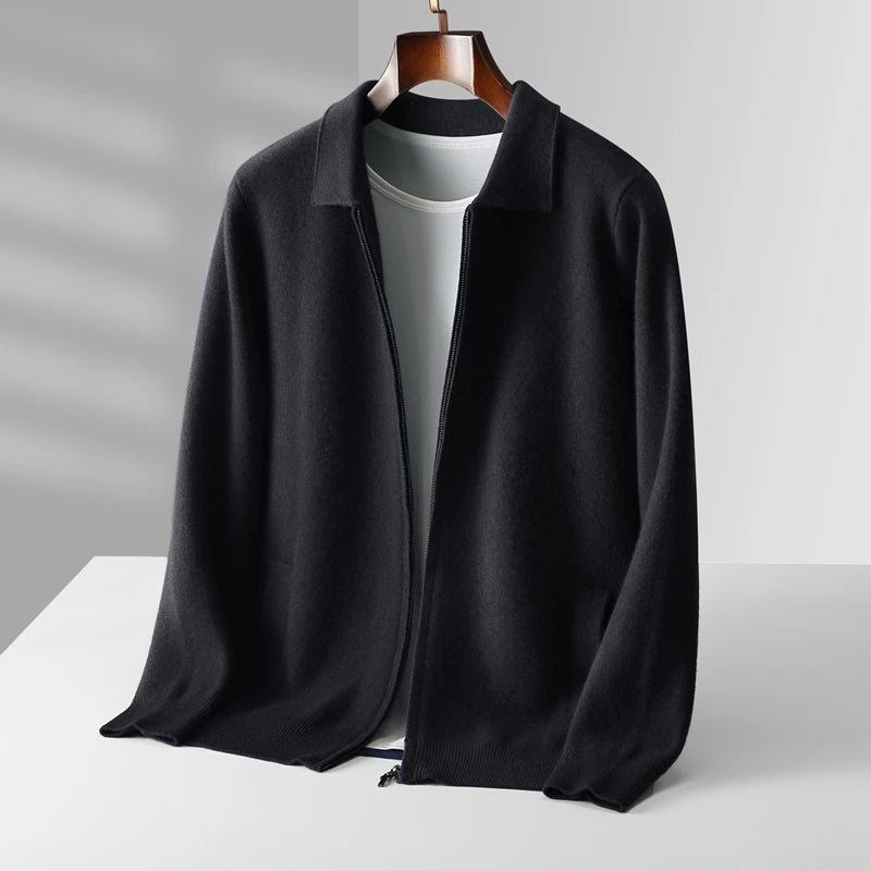 Full shot of a model wearing a women's cashmere zip cardigan sweater, elegant layering piece