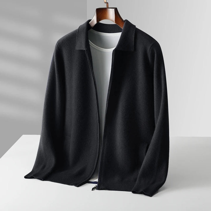 Full shot of a model wearing a women's cashmere zip cardigan sweater, elegant layering piece