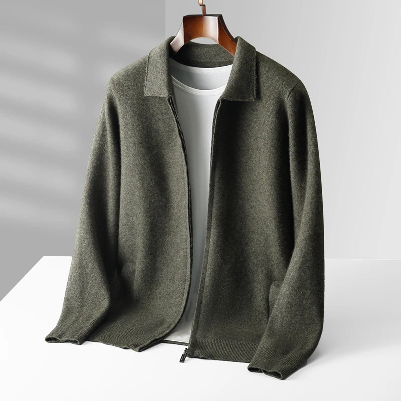Back view of a women's pure cashmere zip cardigan sweater, demonstrating fine knitwear