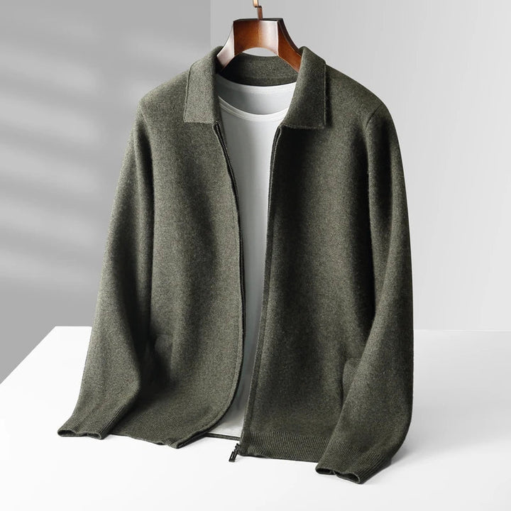 Back view of a women's pure cashmere zip cardigan sweater, demonstrating fine knitwear