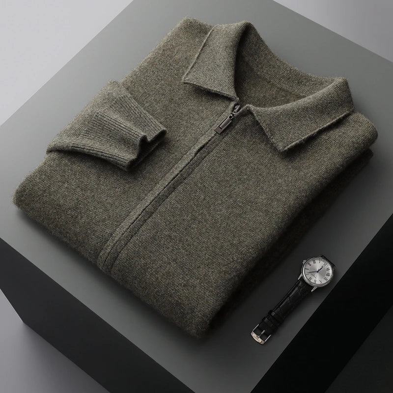 Folded women's cashmere zip cardigan, highlighting its premium feel and luxurious knitwear