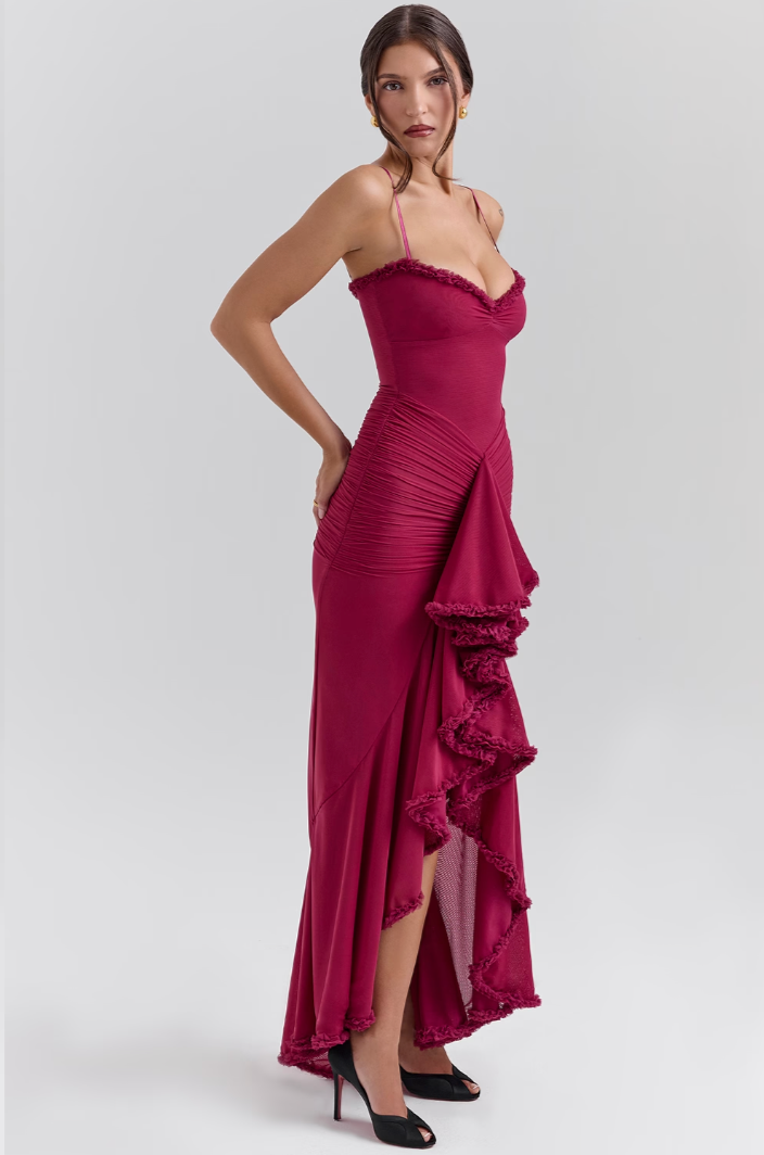 Flattering Women's Chic Ruffle Maxi Dress, elegant for summer weddings and evening events.