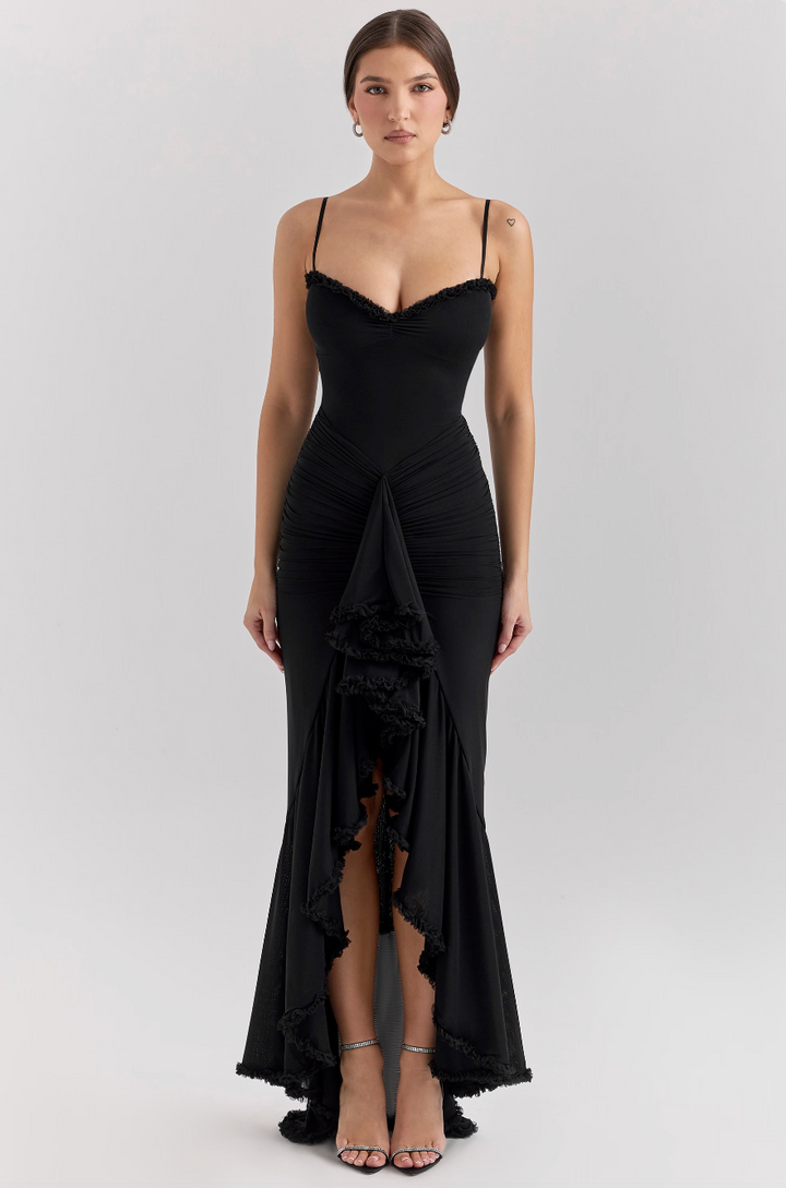 Summer Wedding Guest Dress: Elegant women's maxi with ruffles, ideal for formal evening events.