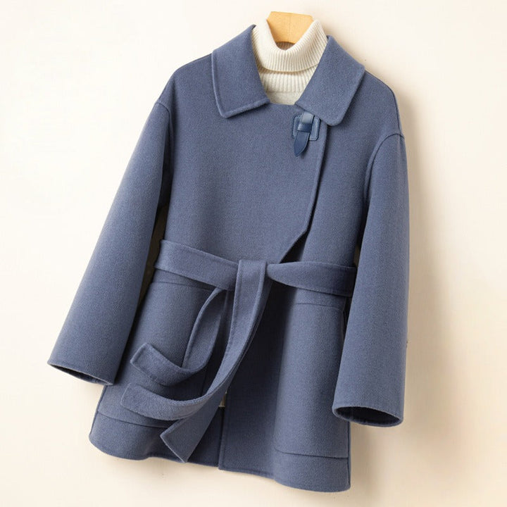Elegant women's chic wool blend belted wrap coat in a vibrant color, perfect for fall fashion