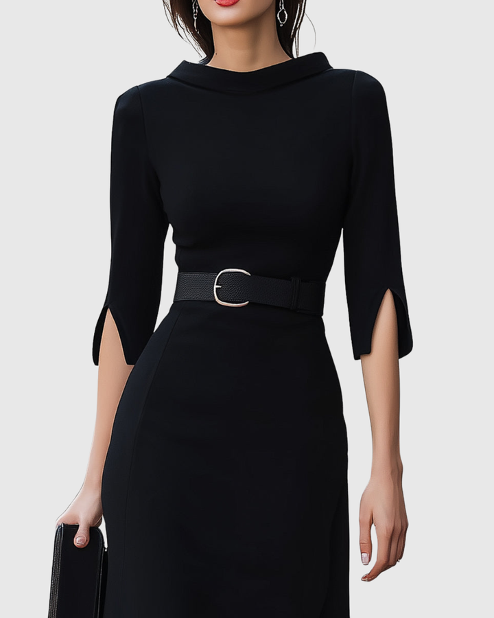 Classic black midi dress for women, featuring short sleeves and a timeless design, suitable for any elegant occasion.