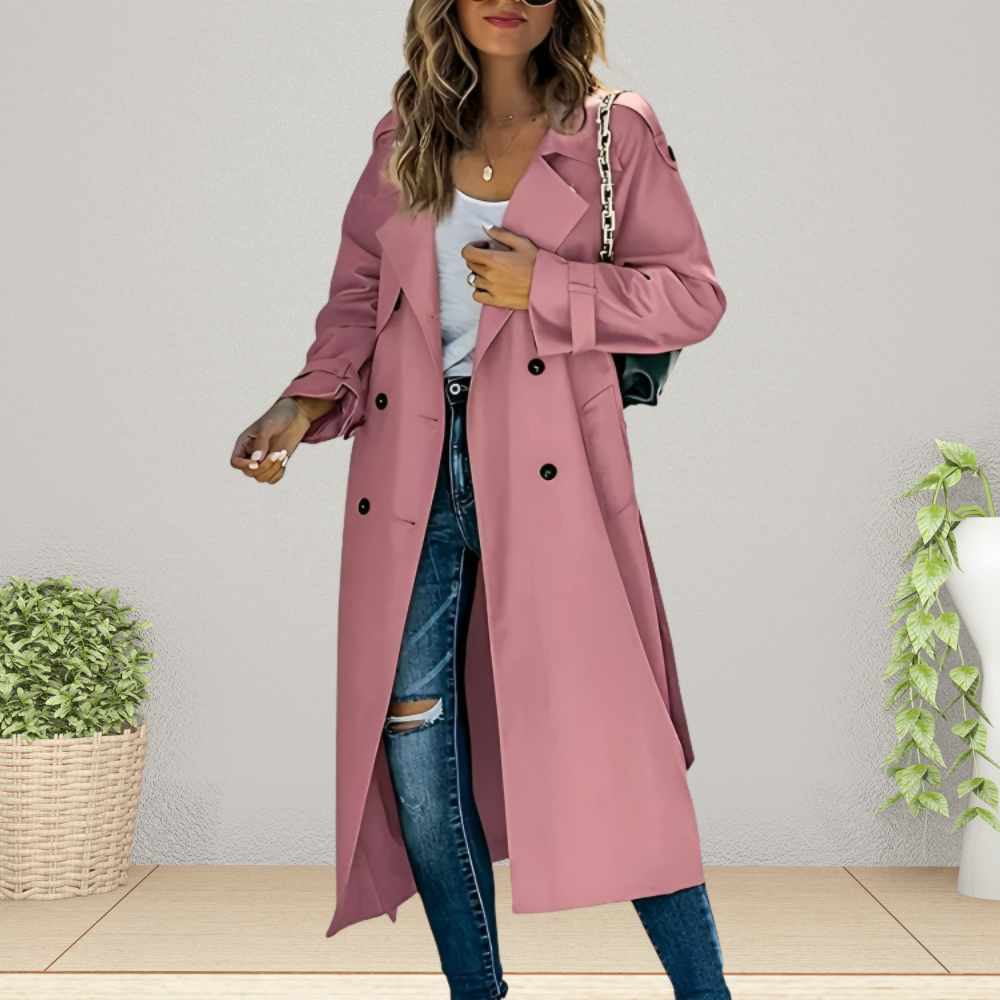 Women's long classic trench coat, perfect for midseason & transitional weather, styled for elegant everyday wear.