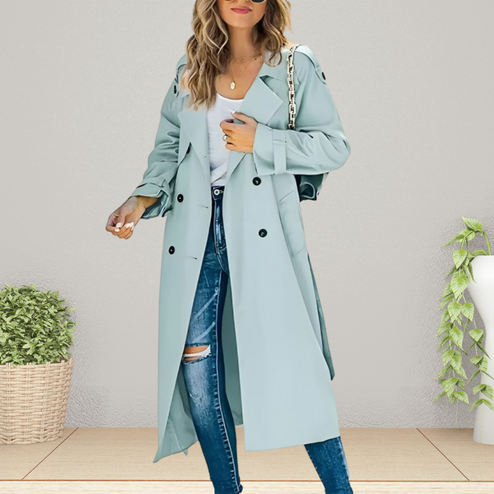 Stylish women's double-breasted trench coat, a timeless classic jacket for transitional spring & fall fashion.