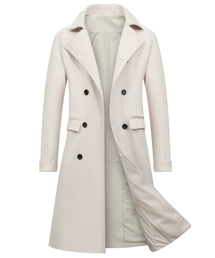 Fashionable women's double-breasted trench coat in white, a versatile outerwear piece for any season.