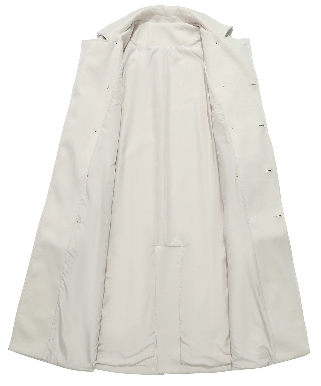 Full-length view of a women's double-breasted white trench coat, showcasing its classic elegance.