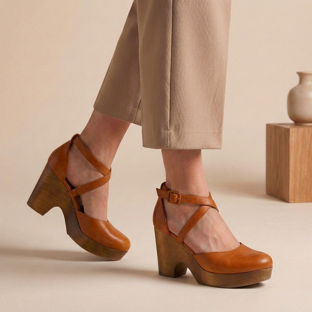 Stylish women's closed-toe block heel shoes with an adjustable ankle strap, perfect for comfortable elegance.