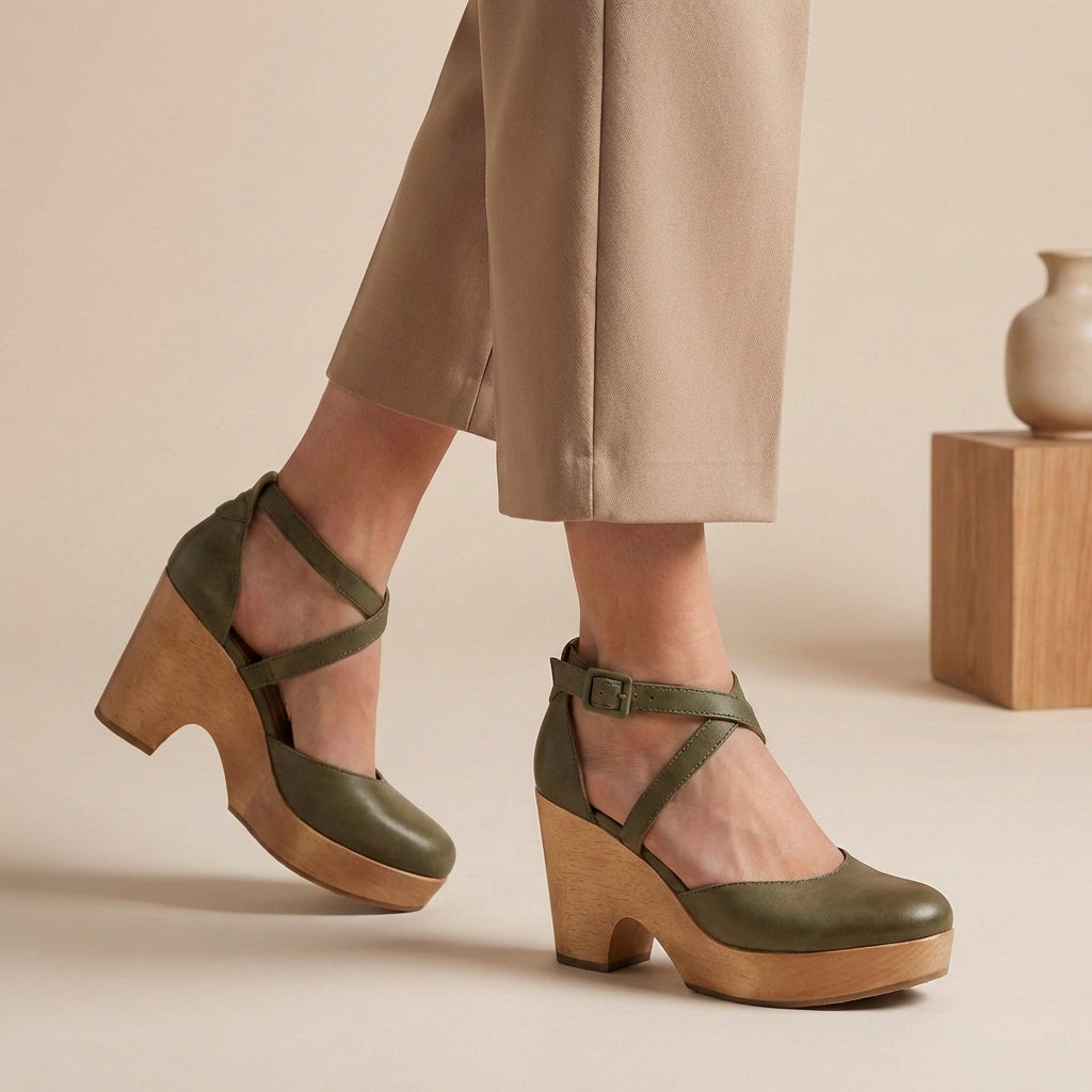 Chic women's closed-toe block heels featuring a secure ankle strap, ideal for sophisticated fashion.