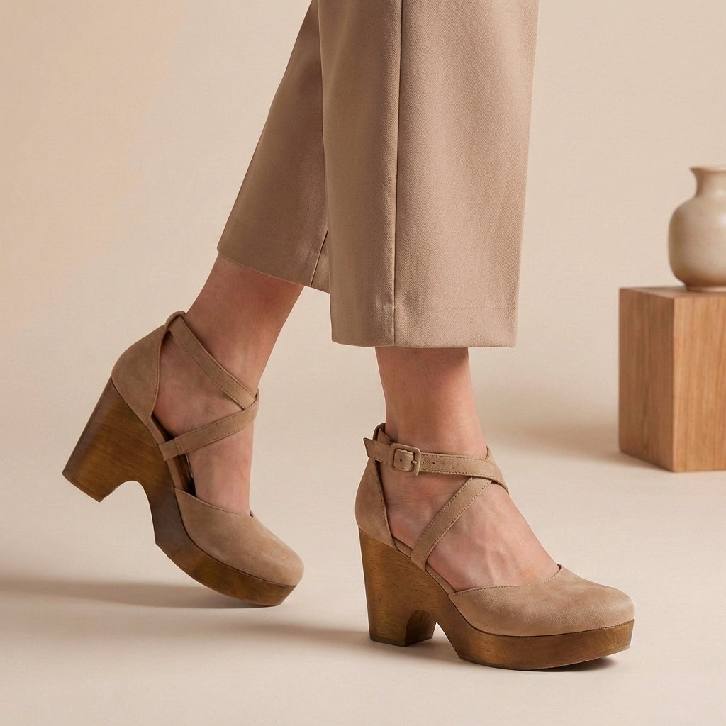 Classic women's closed-toe block heel shoes with a sleek ankle strap, essential elegant footwear.