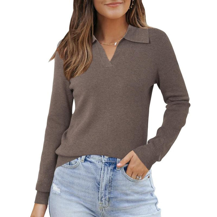 Soft viscose blend women's knit top with a classic collar, ideal for comfortable casual wear.