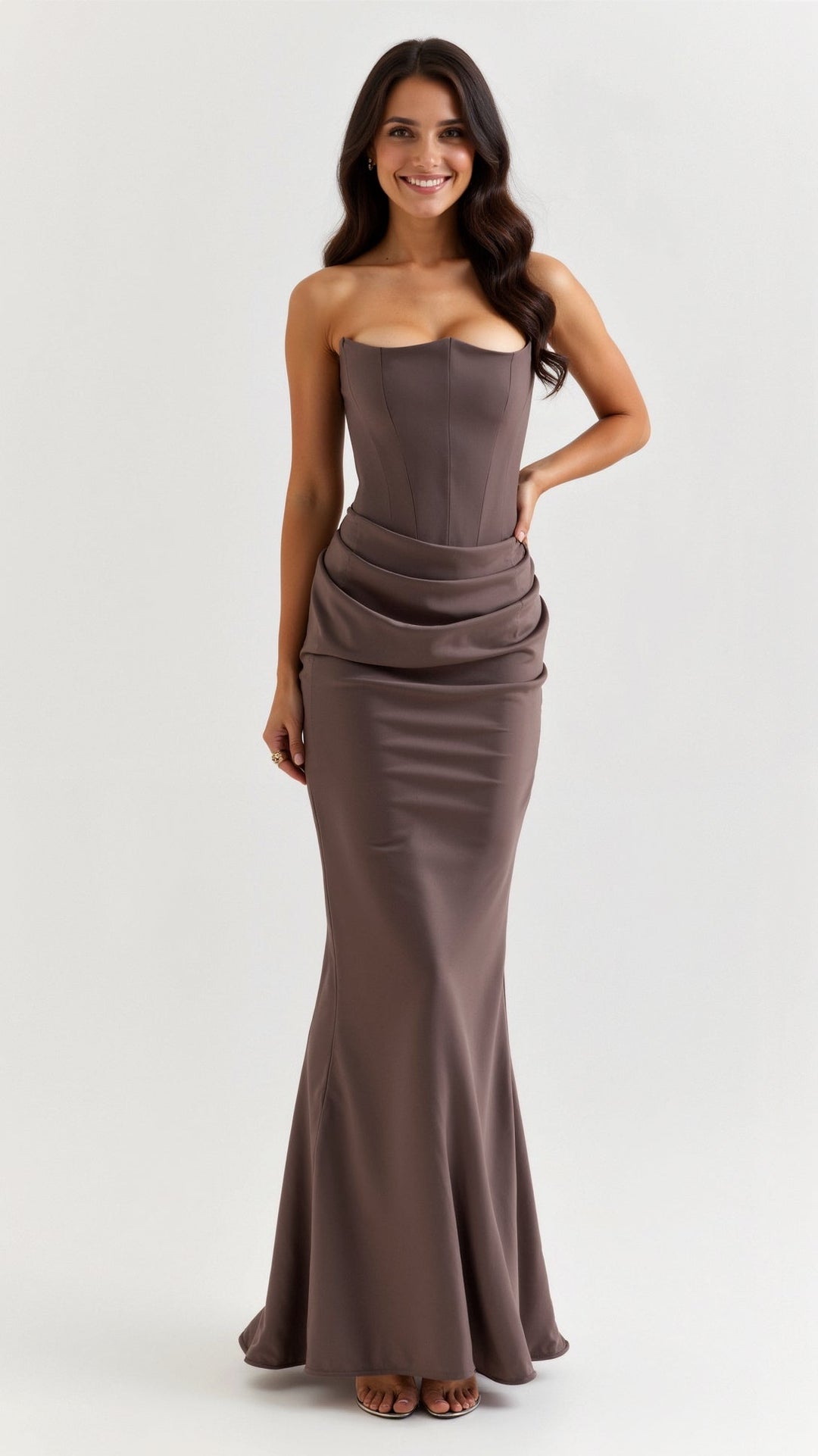 Front view of a purple column maxi dress, showing its sleek silhouette for formal events