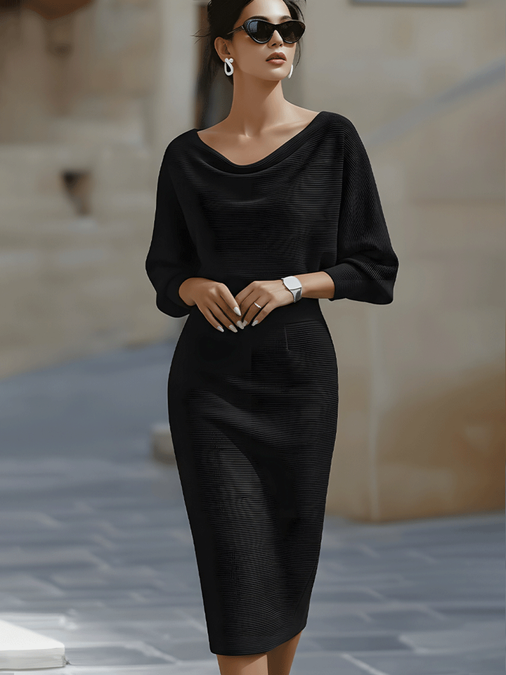 Back view of women's formal bodycon midi dress with a smooth fit & elegant finish, perfect for events.
