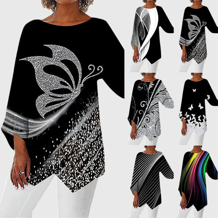 Model wearing a women's elegant crew neck short-sleeve top. Effortless style for work, casual outings, or everyday wear.