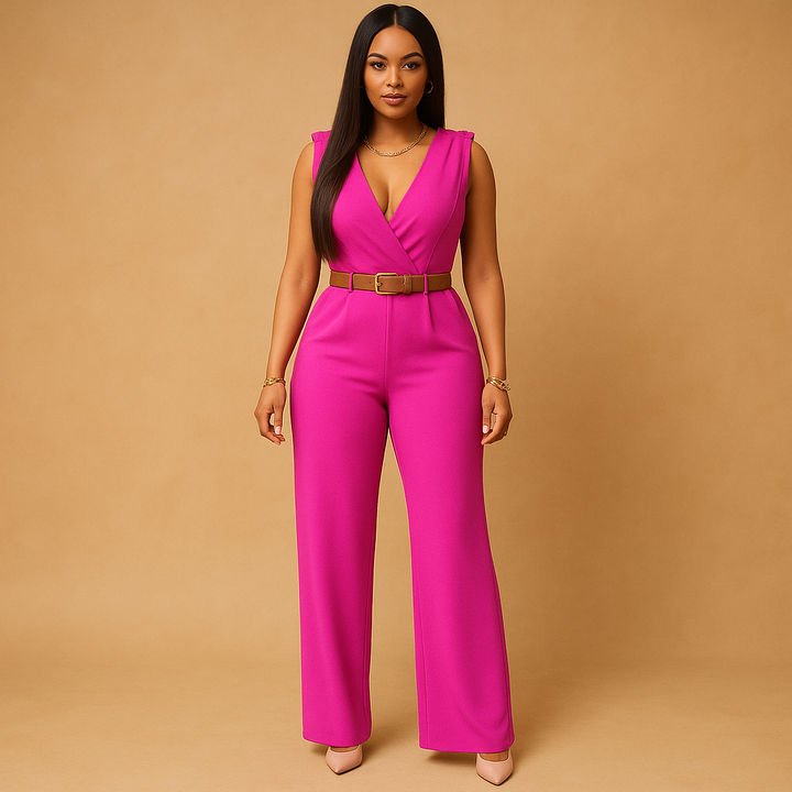 Flowy deep V-neck women's jumpsuit with high-waist design, ideal dressy outfit for elegant evening events.