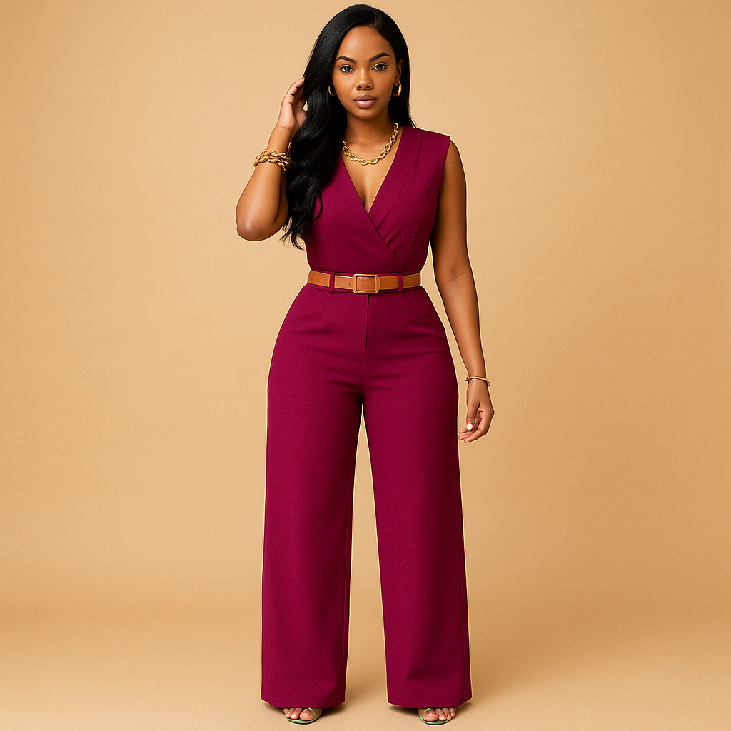 Flowy deep V-neck women's jumpsuit, an elegant one-piece outfit perfect for evening events, parties & formal wear.