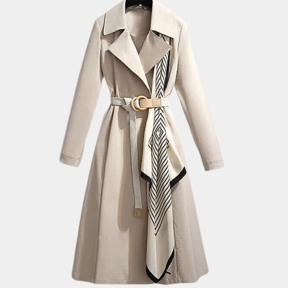 Stylish women's double-breasted trench coat with a cinched belt, a timeless piece of outerwear.