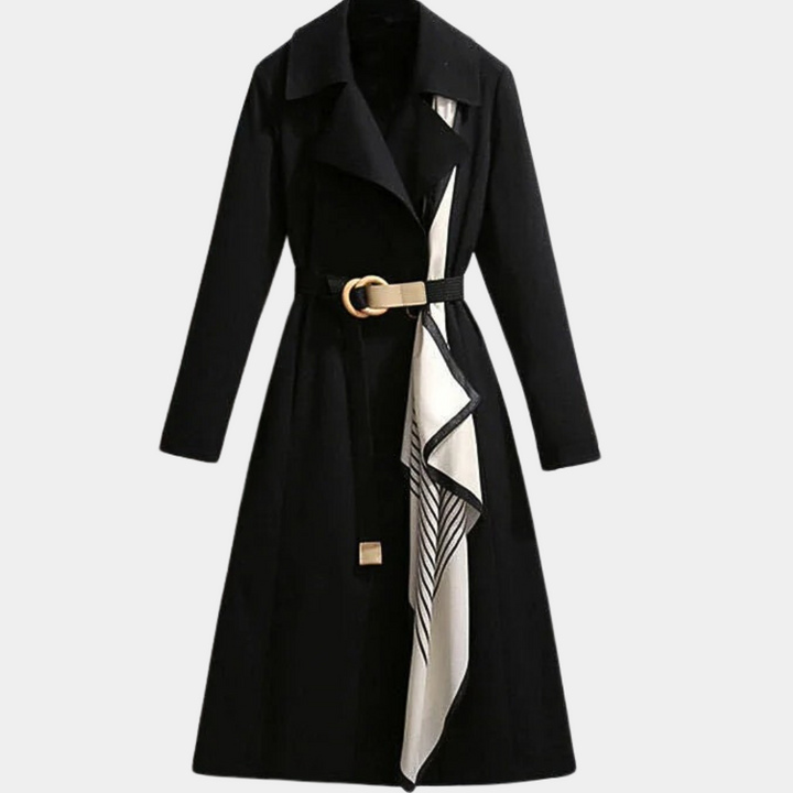 Women's elegant double-breasted trench coat, featuring a flattering belt for a polished winter outfit.