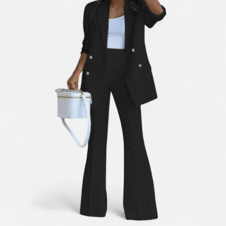 Fashionable women's double-breasted blazer and wide-leg pants suit, versatile for office or special occasions.
