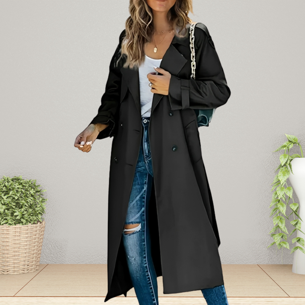 Sophisticated women's double-breasted trench coat, a stylish fall jacket for elegant transitional outfits.