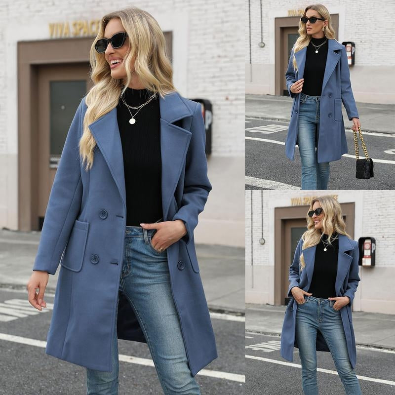 Elegant women's double-breasted wool blend mid-length coat in classic style, perfect for winter and fall.