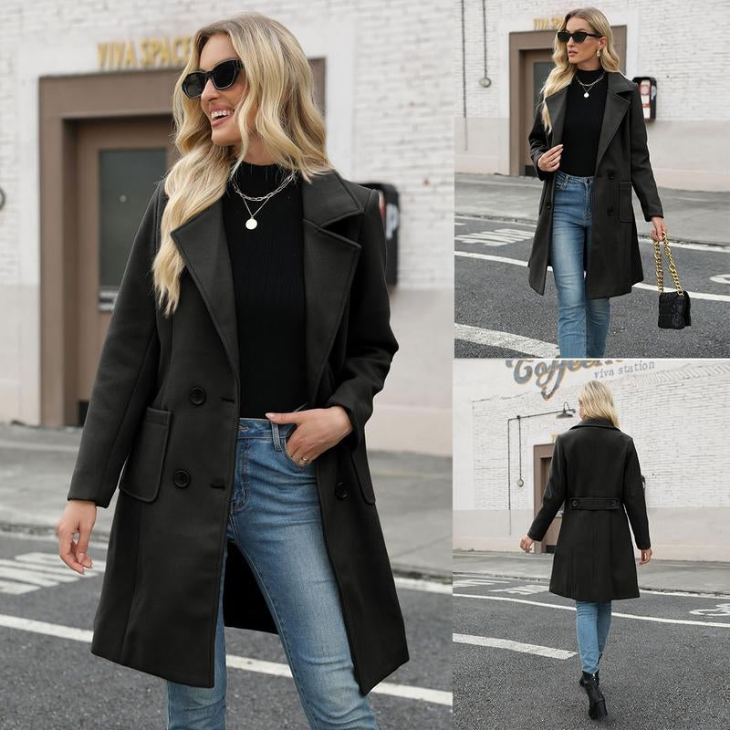 Tailored women's winter coat, wool blend, double-breasted design, mid-length, offering an elegant look.