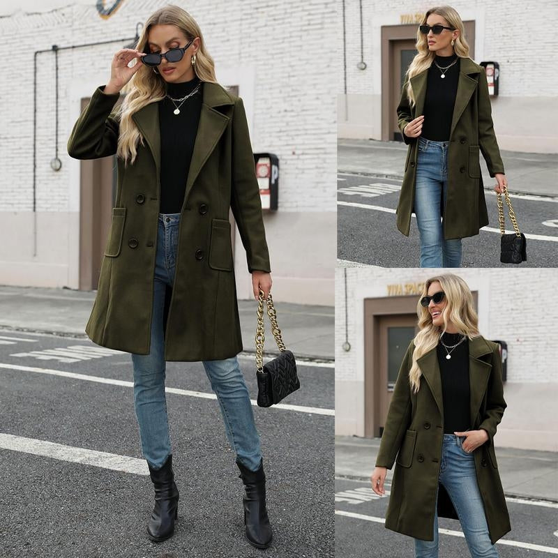 Classic women's fall fashion outerwear: a double-breasted mid-length wool blend coat for an elegant style.