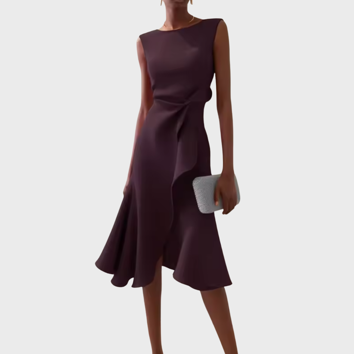 Sophisticated women's special occasion midi dress with draped asymmetric ruffles and elegant style.