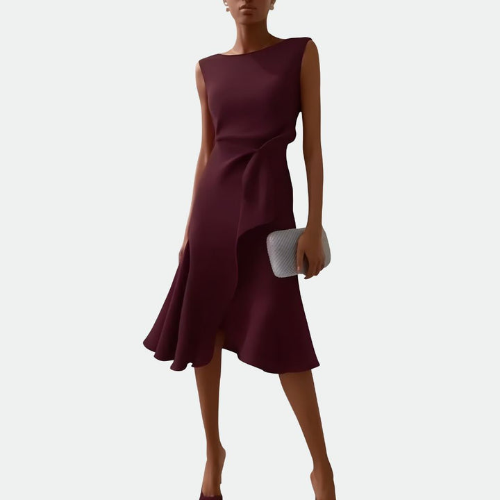 Women's elegant draped asymmetric ruffle sleeveless midi dress for formal events, cocktails & wedding guests.